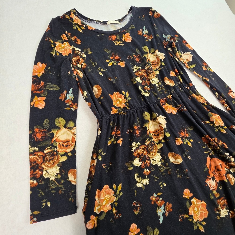 Reborn J Women Large Midi Dress Black Floral Excellent Long Sleeve Pockets USA
